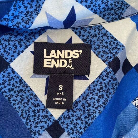 Lands End Blue Quilt Print Long Sleeve Button Down Shirt Size S - Picture 7 of 11
